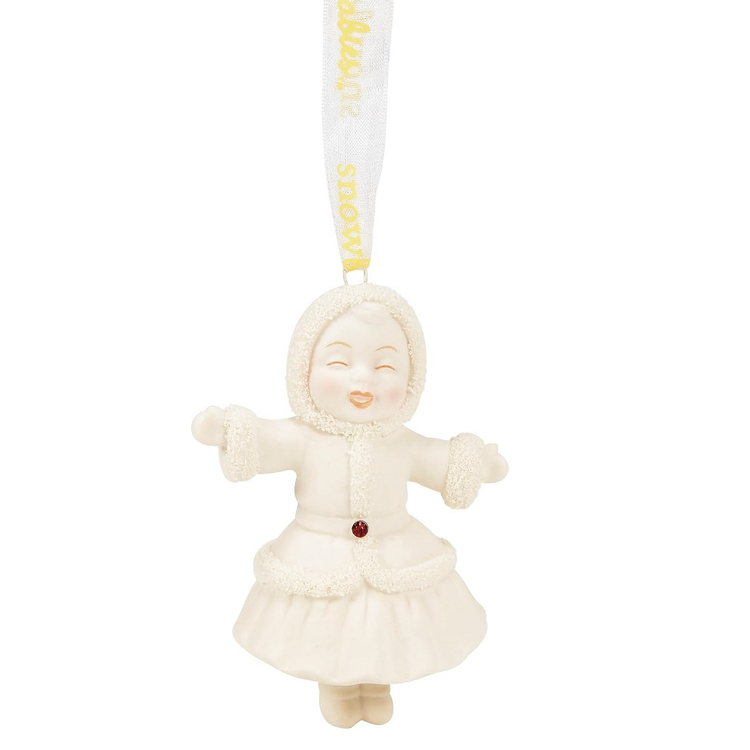Decorative ornament of a girl snowbaby in a white dress on a white background