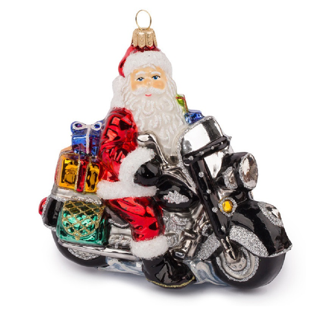 blown glass santa on a motorcycle ornament.