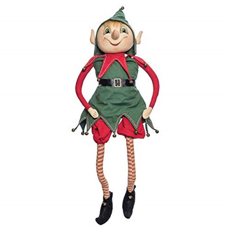 Elf figurine wearing red and white stripped stocking under red shorts with a green top accented with jingle bells.  He wears a matching green hood