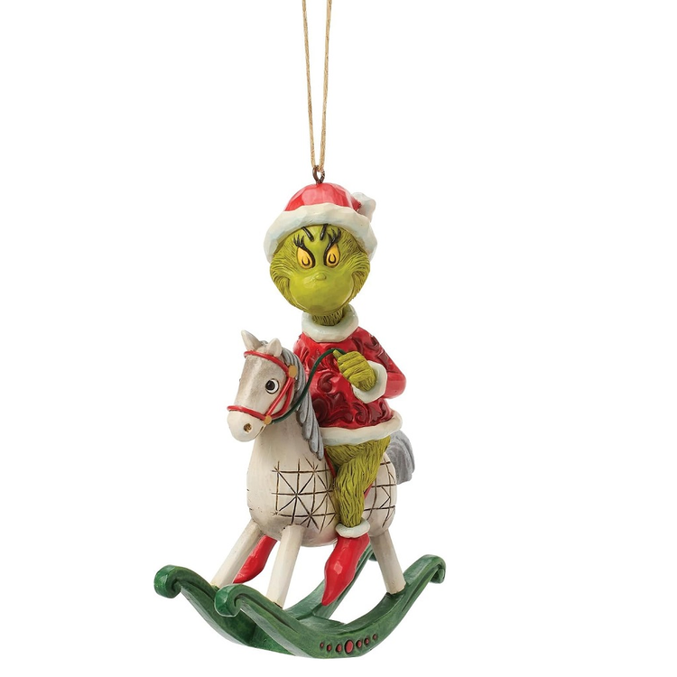 A Grinch-themed Christmas hanging ornament featuring the Grinch riding a white rocking horse on a green base, with a Santa hat and red outfit, shown on a plain white background.