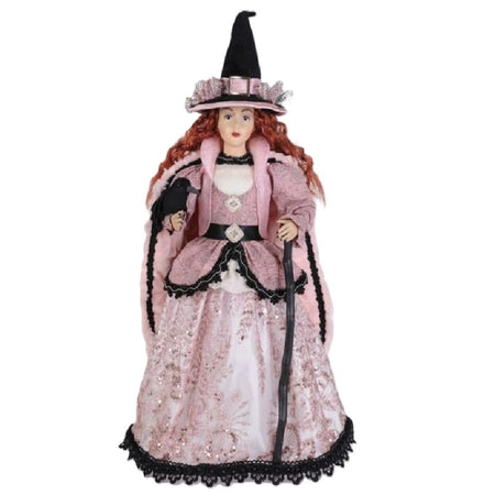 Karen Didion Rose Witch figurine 23 inch pink Halloween witch with raven and broom