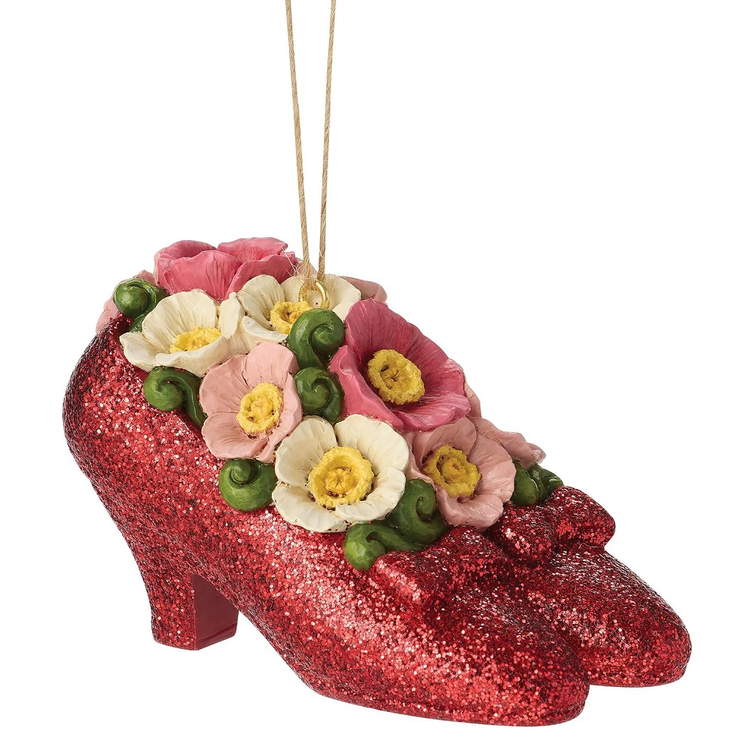 Ornament depicting Dorothy's famous ruby slippers, filled with poppy flowers.