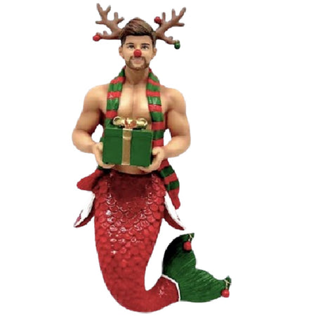 Merman dressed like Rudolph with a red nose, antlers and holding a gift