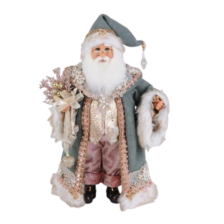 santa figurine wearing long sage green jacket and matching hat, lined with glitter embellishments and white fur.