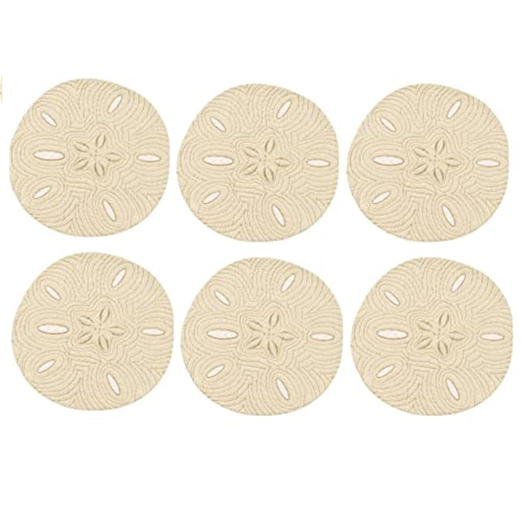 6 identical sound placemats embroidered to look like a sand dollar in tan.