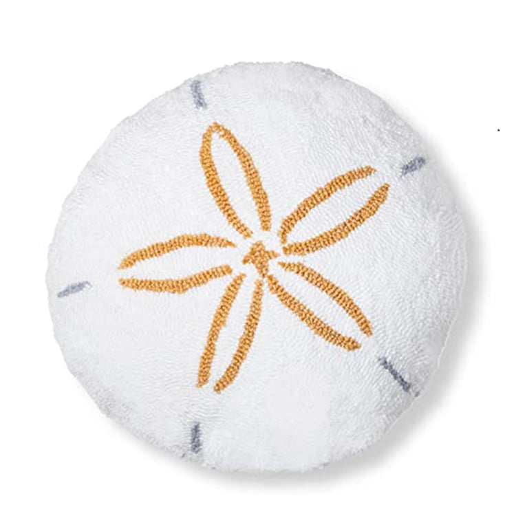 round pillow, hooked finish. white with gold and grey accent to make it look like a sand dollar.