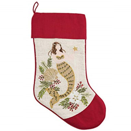 Stocking with red toe and cuff and a mermaid design with shells and greenery in the middle