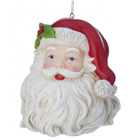 Santa Claus head hanging ornament with a flat bottom. Full white beard, red hat and holly accent on headband of the hat.