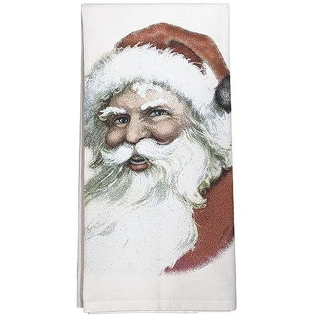 Folded white kitchen towel with a traditional Santa Claus face design with long white beard, red hat with fur trim and partial red jacket.