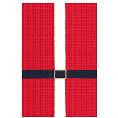 Red waffle weave kitchen towel in red with white stripe and black belt design.