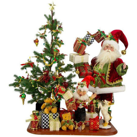 Mark Roberts Santa and Elf Delivering Present 34.5 Inch Holiday Display with tree, presents, and teddy bears