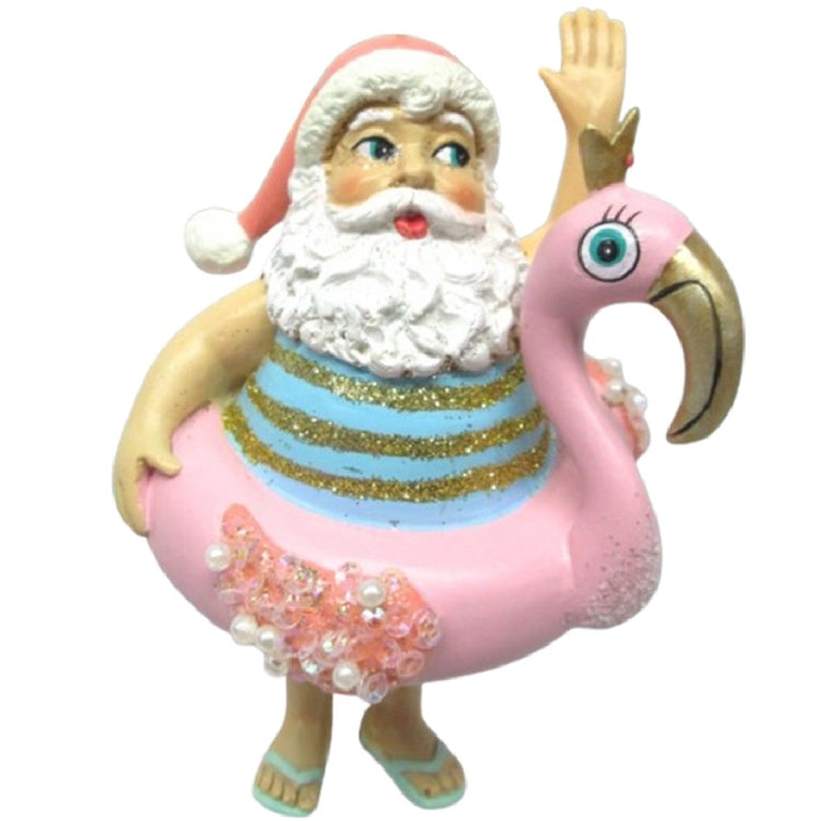 Resin Santa with Striped Bathing Suit and Flip Flops in a Flamingo Float Ornament 4 Inches