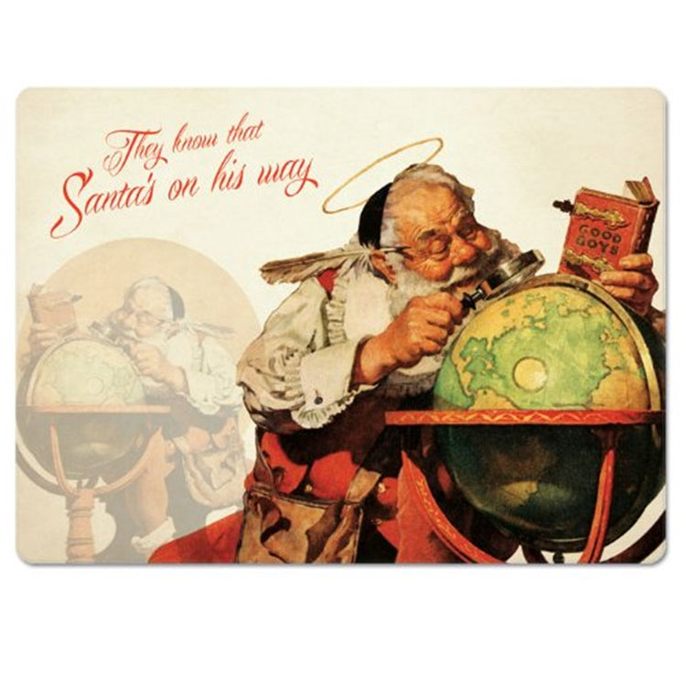 Rectangle shaped placemat with Santa using a magnifying glass to look at his globe and text is They know that Santa's on his way.