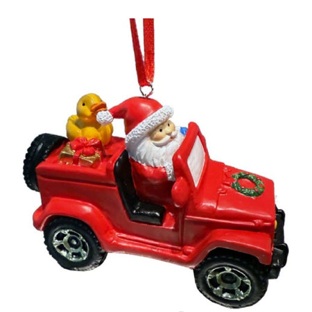 Santa in red jeep-style ornament with wreath duck and present