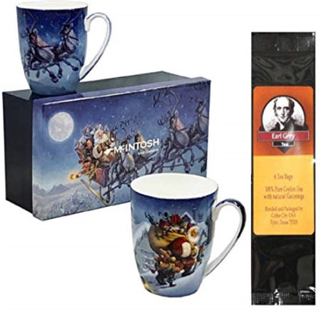 2 identical mugs with matching box.  Design is Santa driving his sleigh with reindeers and santa carrying a sack full of presents. One package of tea.