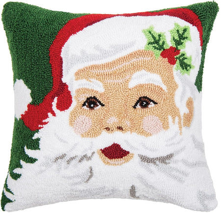 Square hooked pillow with green background and large Santa face front.
