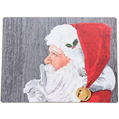 Grey rectangle placemat with a  traditional Santa with his finger to his lips indicating quiet, don't tell I am here