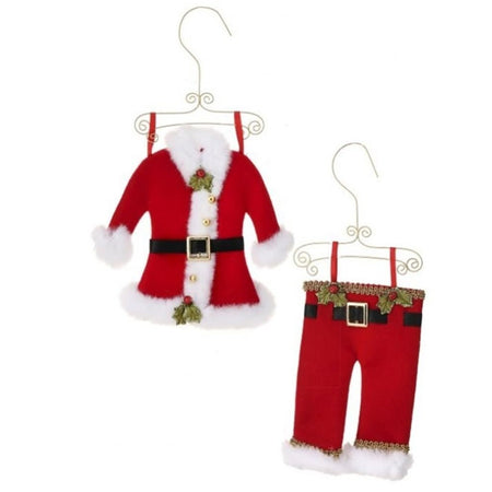 2 ornaments santa jacket and santa pants on hangers in classic red velvet with white trim