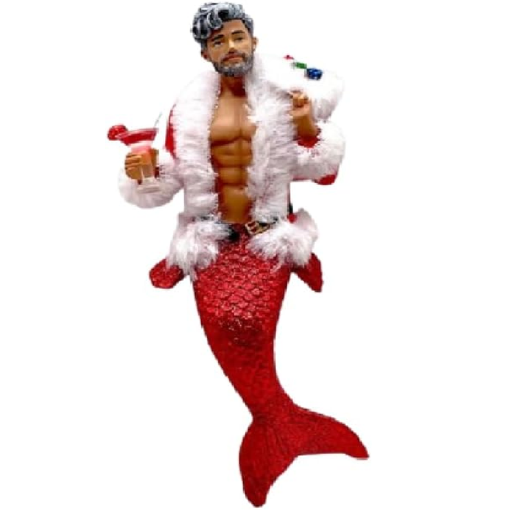 Mermaid-like figure with a red tail and white fur, holding a drink, on a white background