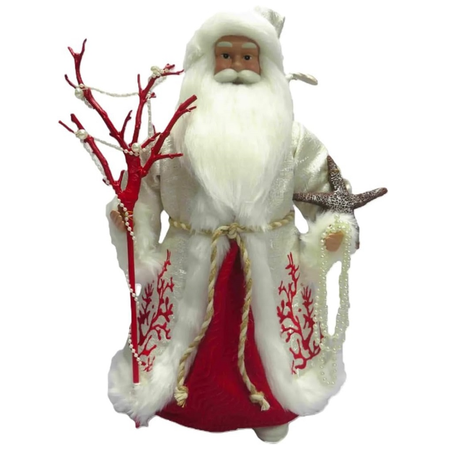 Santa in red and white coat with coral design, holding a starfish and a staff made of red coral.