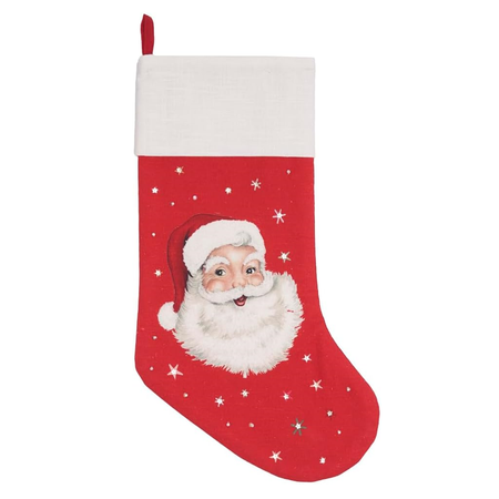 Red Christmas stocking with Santa Claus face design on a white background