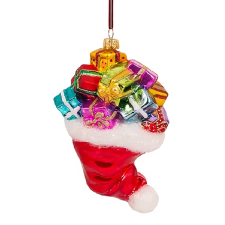 Blown glass ornament, Santa hat, upside down and filled with wrapped gifts.