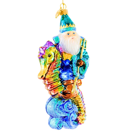 Blown glass ornament of Santa in blue suit riding a colorful seahorse