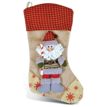 Fabric stocking, tan with red trim, features a 3 dimensional Santa holding a candy cane.