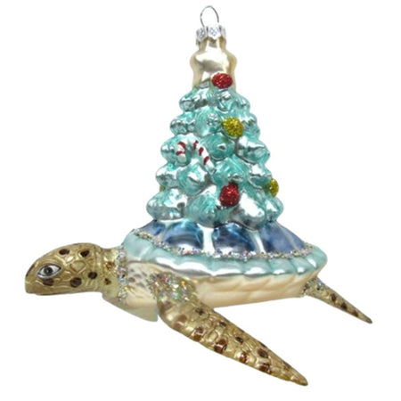 December Diamonds 79-79035 blue shell turtle glass and resin ornament with Christmas tree design