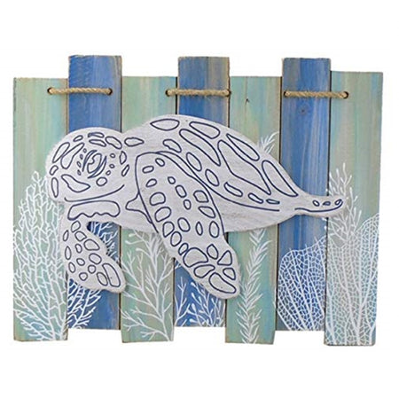 Wall plaque made of blue and green slats with rope accent. Painted white sea fans and grass with raised wood sea turtle.
