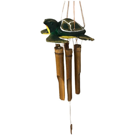 Turtle design top wind chime with bamboo clappers. The turtle is green with yellow accents.