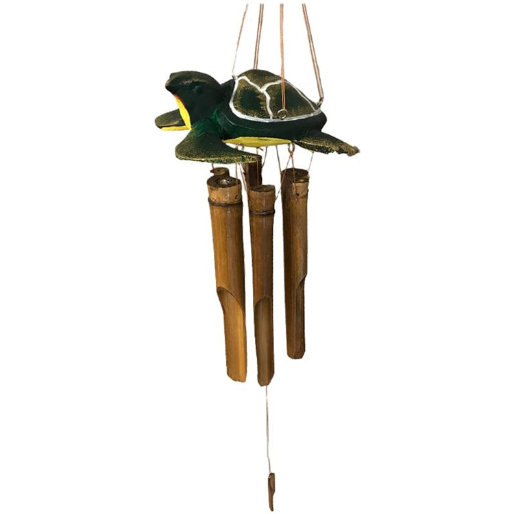 Turtle design top wind chime with bamboo clappers. The turtle is green with yellow accents.