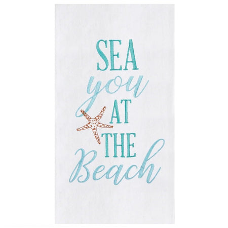 white kitchen towel with text "Sea you at the beach" and features an embroidered starfish 