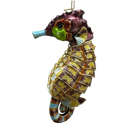Seahorse shaped hanging ornament. Multi colors of violet, blue, green, brown and gold.
