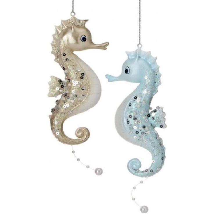 2 resin seahorse ornaments, one champagne, one blue, both with sequins and pearls