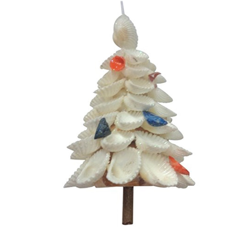 ornament shaped like a tree using white shells with colored shells as "ornaments".