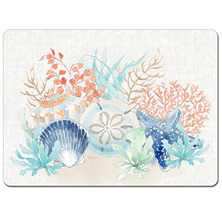 Rectangle hardboard placemat with cream background, blue shell, blue starfish, sand dollar and peach coral with matching color sea life.