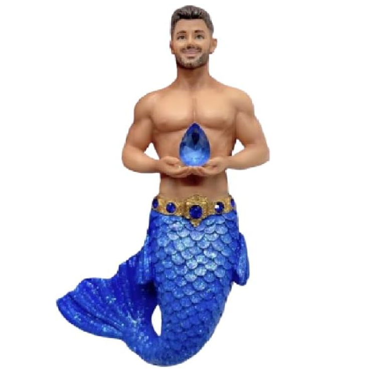 Merman figurine with blue tail and Sapphire blue gemstone on a white background