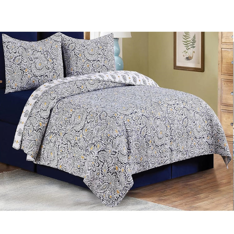 Quilt with matching shams floral paisley pattern in navy and yellow 