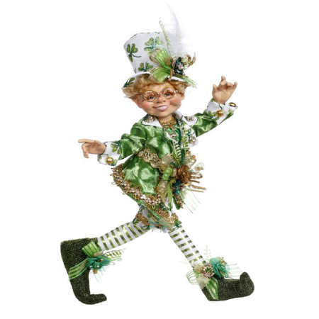 Elfin Boy dressed in green with white top hat patterned with shamrocks
