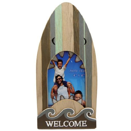 Shark tabletop photo frame holding 4x6 picture, wood and metal coastal décor