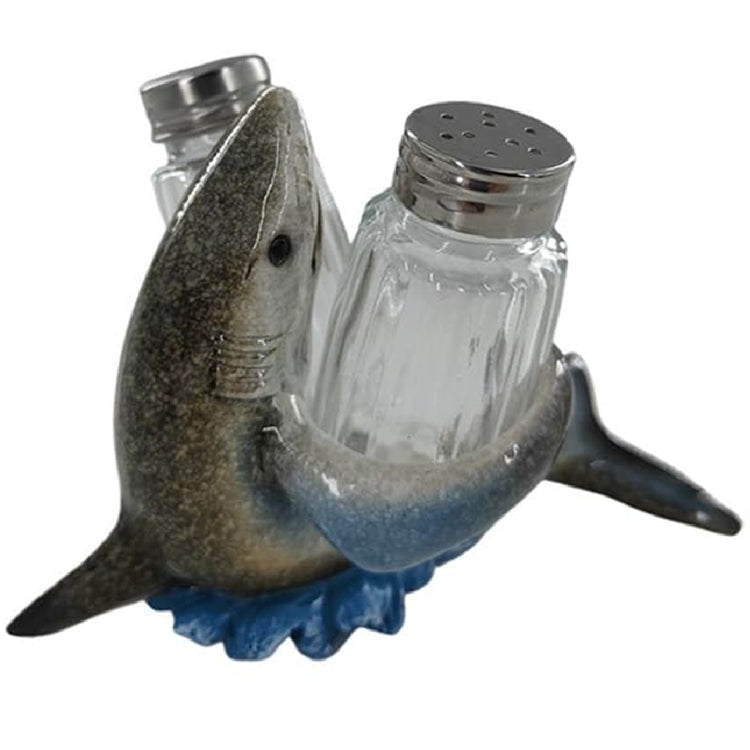 shark salt and pepper shaker set with polyresin holder and glass shakers coastal kitchen decor