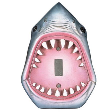 shark with open mouth design single switch wall plate cover. Shark is grey with pink mouth and white teeth