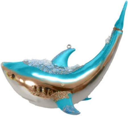 December Diamonds aqua and gold glass shark Christmas ornament coastal holiday décor