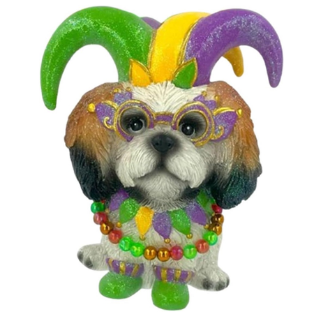 resin Shih Tzu in Mardi Gras Costume, hanging ornament.