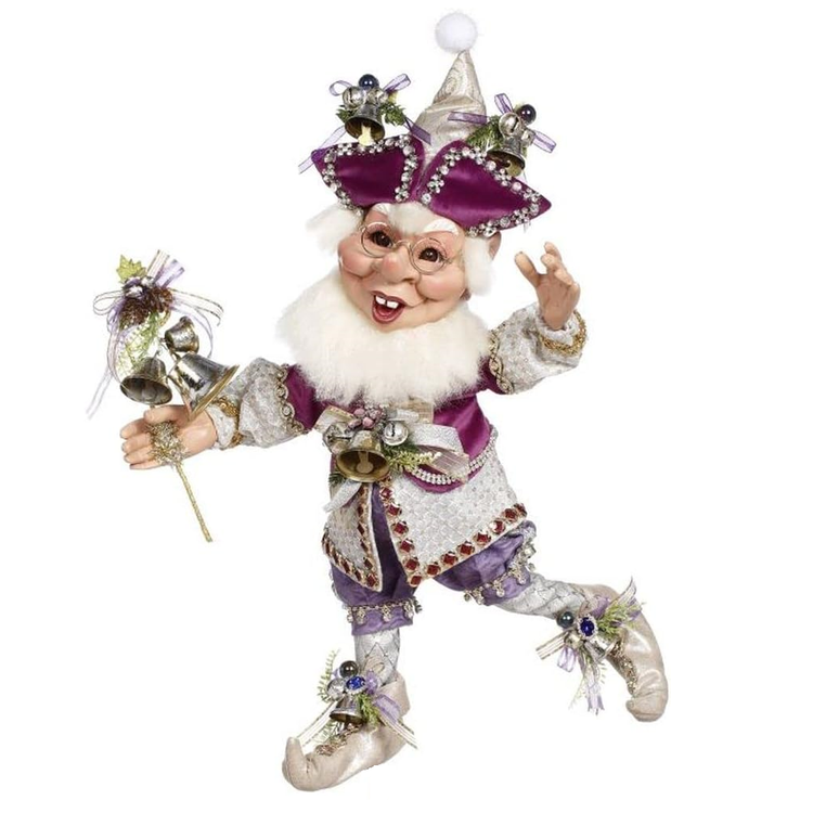 bearded elf wearing purple and silver holding a stick with bells on it.