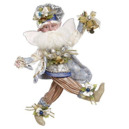 bearded fairy wearing light blue and silver outfit holding a golden bell.