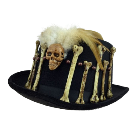 Black top hat with faux weathered look bones, brown feathers and dark brown beads.