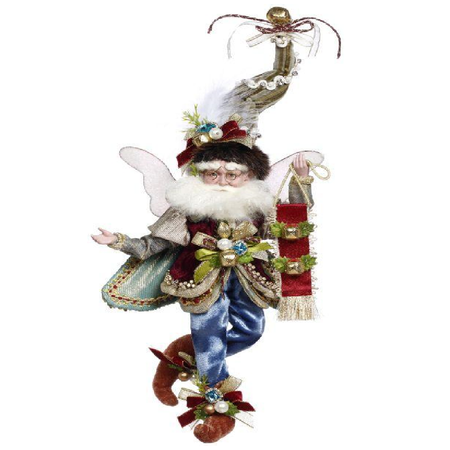 bearded fairy in stocking cap and capelet, holding a ribbon adorned with bells.