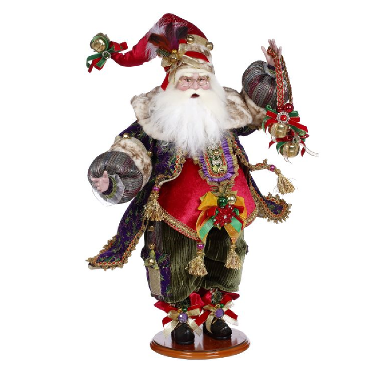 santa in a bright colorful outfit, holding a ribbon with jingle bells.